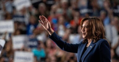 Kamala Harris waves to a crowd.