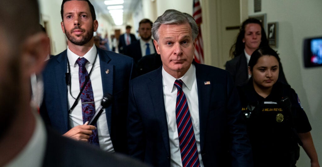 FBI Director Christopher Wray arrives at the Rayburn House Office Building to testify before the House Judiciary Committee at a hearing titled "Oversight of the Federal Bureau of Investigation" on July 24, 2024 in Washington, DC. The hearing is expected to cover the FBI's investigation into the assassination attempt on President Trump and the ongoing politicization of the agency under Director Wray and Attorney General Merrick Garland. (Photo by Kent Nishimura/Getty Images)