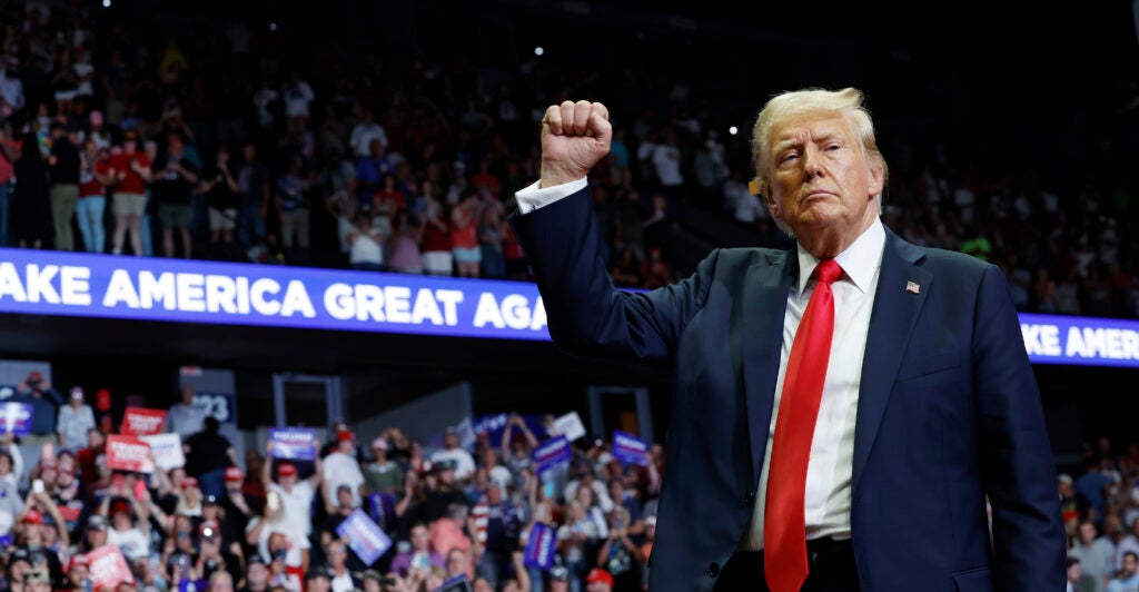 GRAND RAPIDS, MICHIGAN - JULY 20: Republican presidential nominee, former U.S. President Donald Trump walks offstage after speaking at a campaign rally at the Van Andel Arena on July 20, 2024 in Grand Rapids, Michigan. (Photo by Anna Moneymaker/Getty Images)