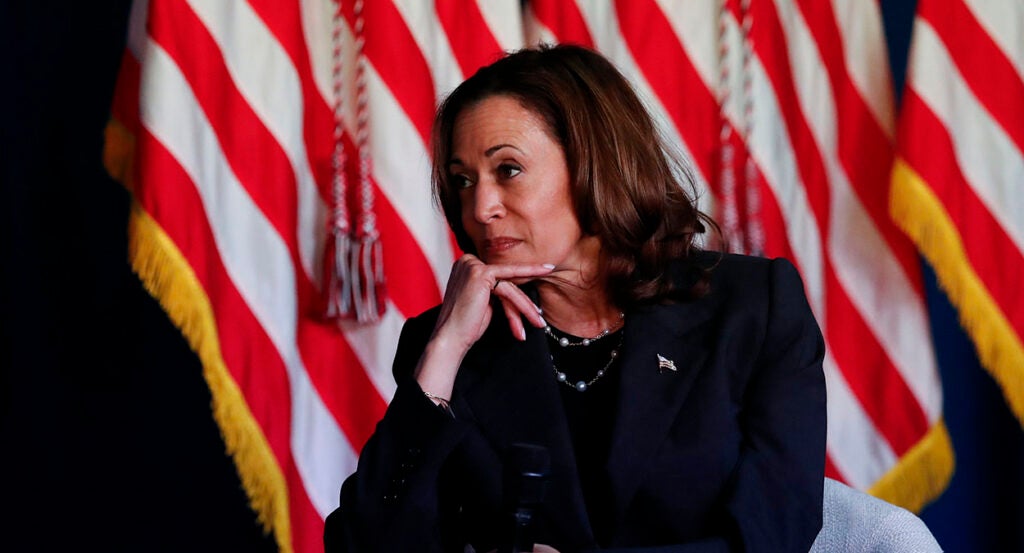 Vice President Kamala Harris looks left while wearing a blazer in front of an American flag.