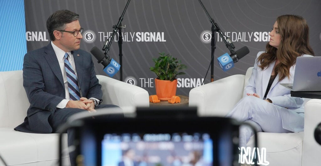 Speaker Mike Johnson sits down with The Daily Signal's Mary Margaret Olohan. (Tim Kennedy/Daily Signal)