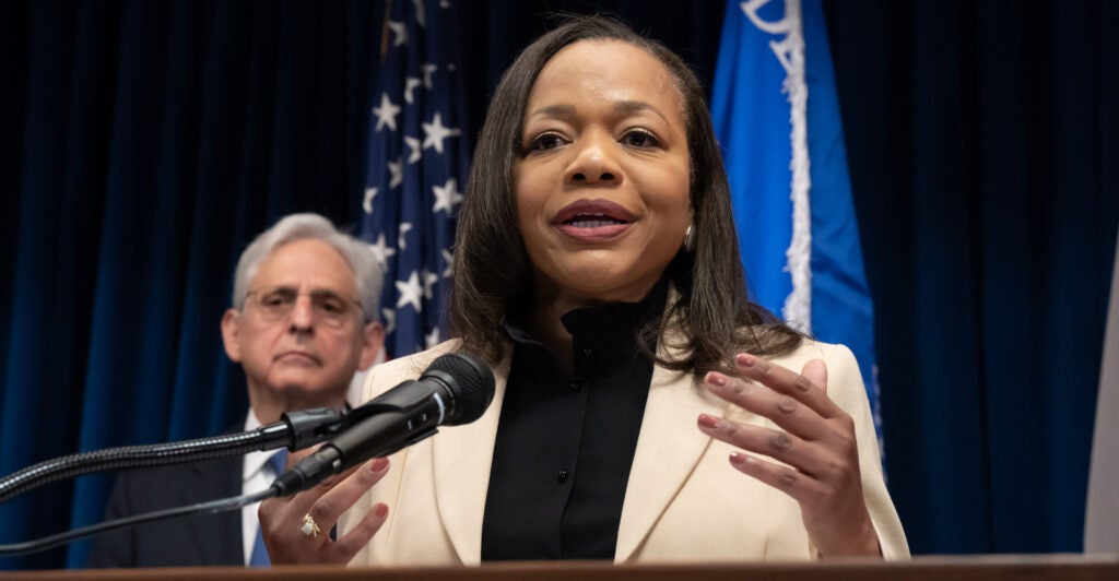 U.S. Attorney General Merrick Garland listened as Assistant Attorney General Kristen Clarke spoke about the DOJ investigation at a press conference Friday, June 16, 2023, Minneapolis, Minn. (Photo: Glen Stubbe/Star Tribune via Getty Images)