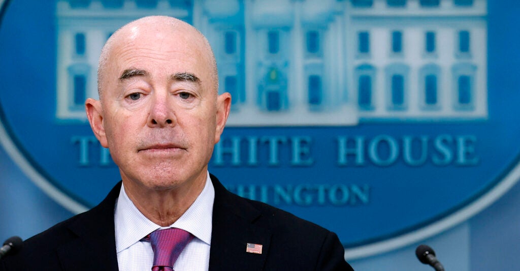 Secretary of Homeland Security Alejandro Mayorkas speaks at the White House daily press briefing.