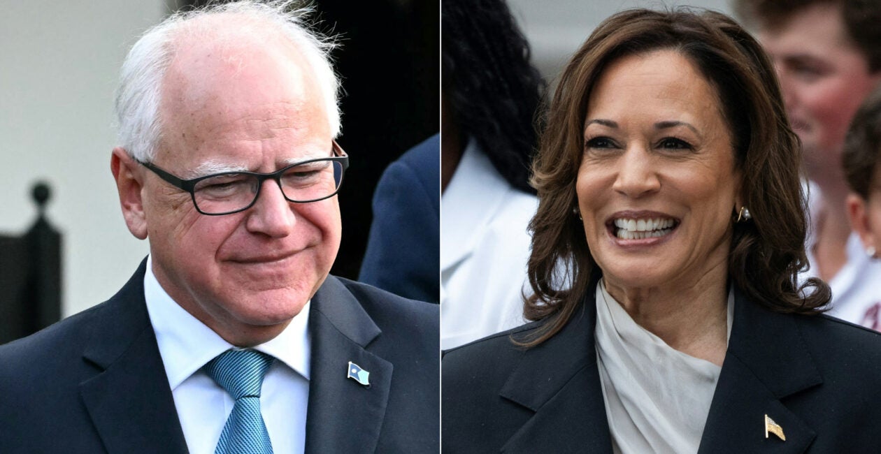 (COMBO) This combination of pictures created on August 2, 2024, shows US Vice President Kamala Harris in Washington, DC on July 22, 2024, and Governor of Minnesota Tim Walz in Washington, DC, July 3, 2024. Harris picked Walz as her running mate on August 6, 2024, US media reported, as the vice president prepares to take on Republican Donald Trump in November's US election. (Photo by Jim WATSON and Chris Kleponis / AFP) (Photo by JIM WATSONCHRIS KLEPONIS/AFP via Getty Images)