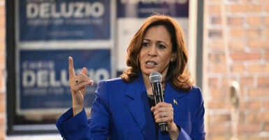 Kamala Harris speaks during a stop on her campaign bus tour.