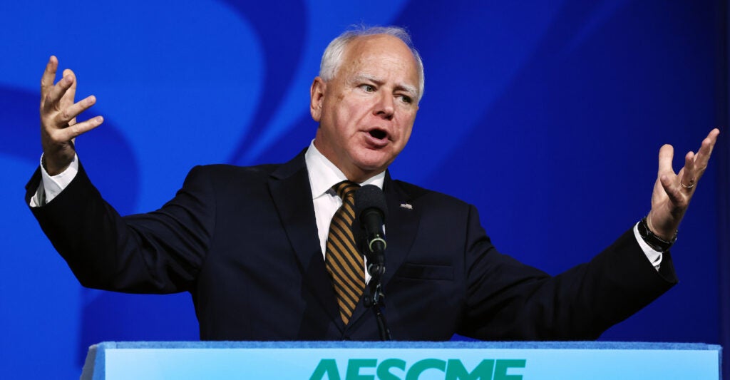 Democratic vice presidential candidate Minnesota Governor Tim Walz speaks at the 46th International Convention of the American Federation of State, County and Municipal Employees (AFSCME) at the Los Angeles Convention Center on August 13, 2024 in Los Angeles, California. Walz made his first solo appearance as the running mate for Democratic presidential candidate, U.S. Vice President Kamala Harris at the event. AFSCME is a union representing 1.4 million public service workers nationwide. (Photo by Mario Tama/Getty Images)