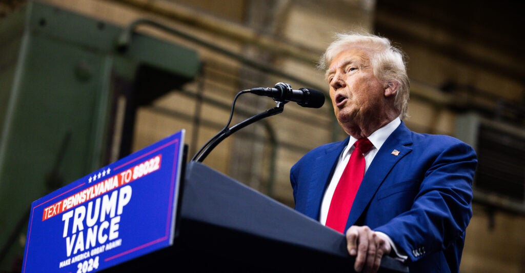 Republican Presidential nominee, former president Donald J. Trump remarks during a campaign event at Precision Custom Components on August 19, 2024 in York, Pennsylvania. (Photo by Tierney L. Cross/Getty Images)