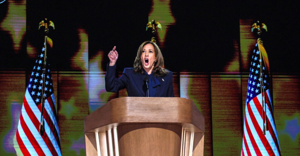 Kamala Harris delivers a speech at the DNC.