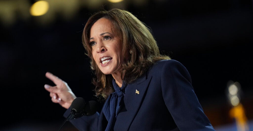 Kamala Harris speaks on stage at the DNC.