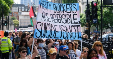 Protesters hold a sign reading, "Puberty Blockers Are Reversible, Suicide Is Not."