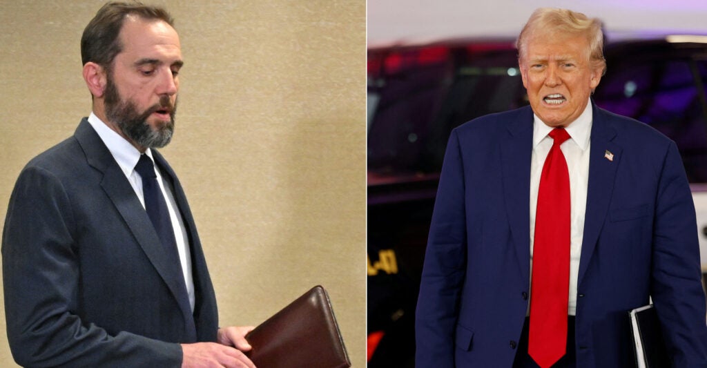 Side by side photos of special counsel jack smith and former president Donald Trump