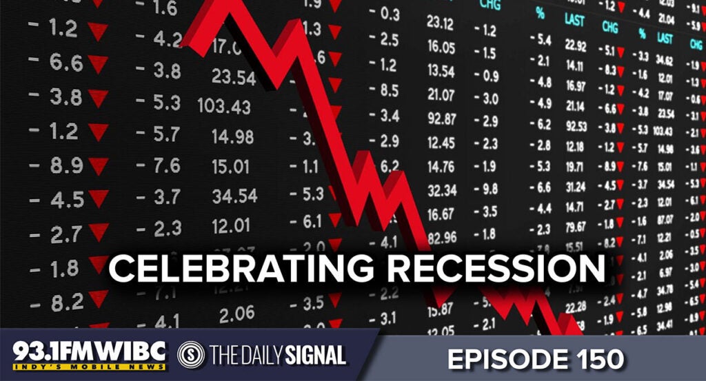 A downward trend graph with the words "celebrating recession"