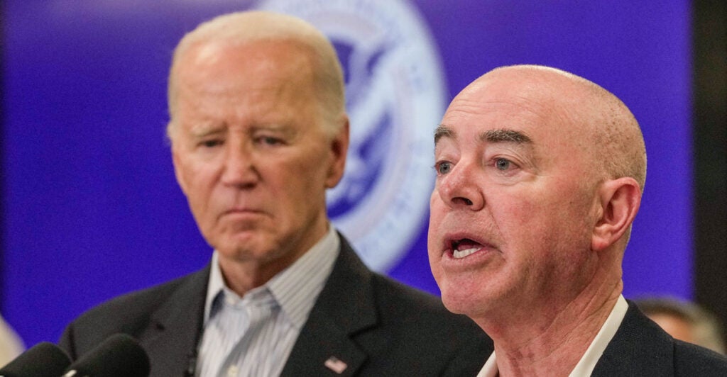 Secretary of Homeland Security Alejandro Mayorkas speaks at a press conference alongside President Joe Biden