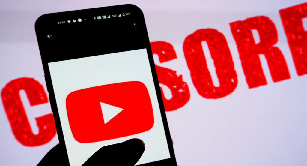 The YouTube logo is displayed on a smartphone with the word “CENSORED” displayed in the background.