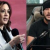 Split screen shows Kamala Harris and Tim Pool