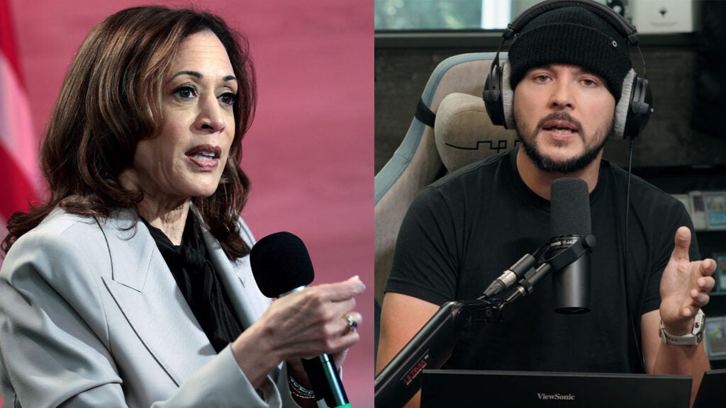 Split screen shows Kamala Harris and Tim Pool