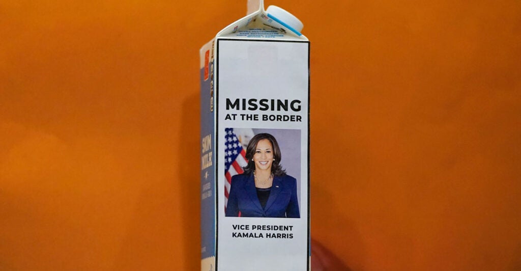 A milk carton with a picture of Vice President Kamala Harris That says missing at the border