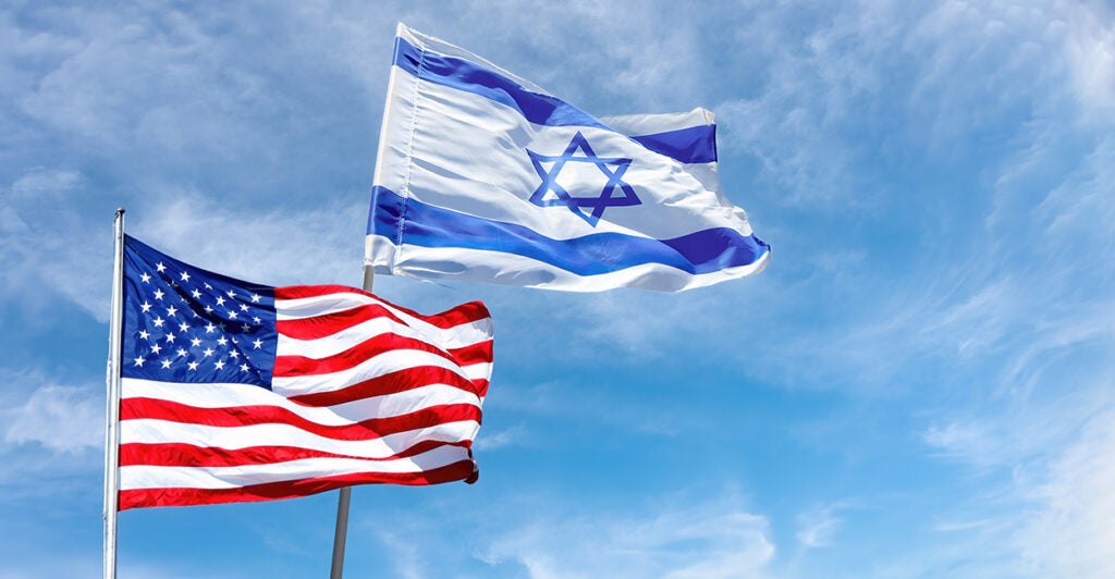 U.S. and Israeli flags flying against a cloudy blue sky backdrop