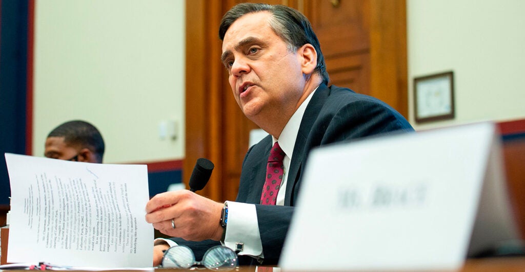 George Washington University Law School professor Jonathan Turley makes an opening statement during a House Natural Resources Committee hearing on "The US Park Police Attack on Peaceful Protesters at Lafayette Square", on Capitol Hill in Washington, DC, on June 29, 2020. (BONNIE CASH/POOL/AFP via Getty Images)