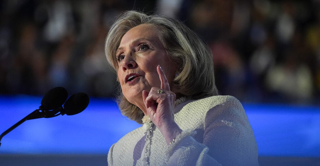 Hillary Clinton, former secretary of state and 2016 Democratic nominee, speaks on first day of the Democratic National Convention at the United Center on August 19, in Chicago, Il. (Demetrius Freeman/The Washington Post via Getty Images)