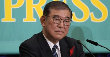 Shigeru Ishiba, leader of the Liberal Democratic Party attends the debate with other political parties at the Japan National Press Club ahead of the Lower House elections scheduled for Oct. 27, in Tokyo, Japan on Oct. 12. (AP/Eugene Hoshiko/Pool/Anadolu via Getty Images)