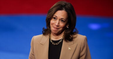 Democratic presidential nominee, U.S. Vice President Kamala Harris, takes a question from a member of the audience during a Univision town hall at the Cox Pavilion at UNLV on Oct. 10 in Las Vegas, Nevada. (Justin Sullivan/Getty Images)