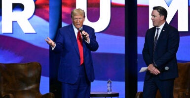 Former US President and Republican presidential candidate Donald Trump speaks during a "Believers and Ballots Faith" Town Hall with Georgia Lieutenant Governor Burt Jones (R) in Zebulon, Georgia, on Oct. 23. (Jim WATSON / AFP)