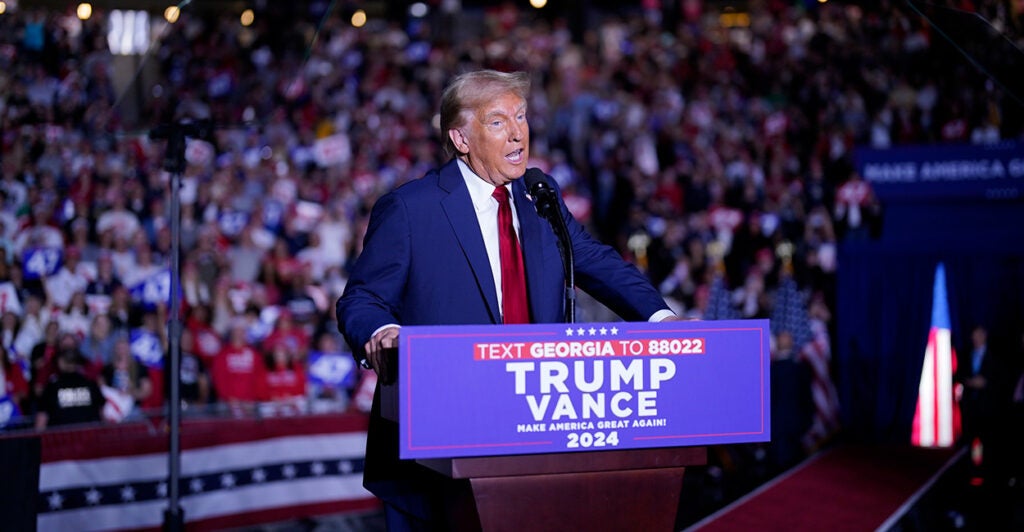 Republican presidential nominee former President Donald Trump holds a rally at the McCamish Pavillon on the campus of Georgia Tech in Atlanta, Georgia on Oct. 28. (Jabin Botsford/The Washington Post via Getty Images)