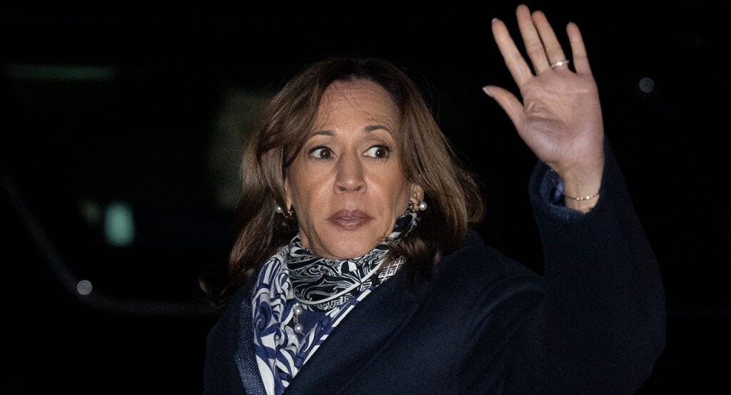 Kamala Harris with a paisley scarf waves in the night