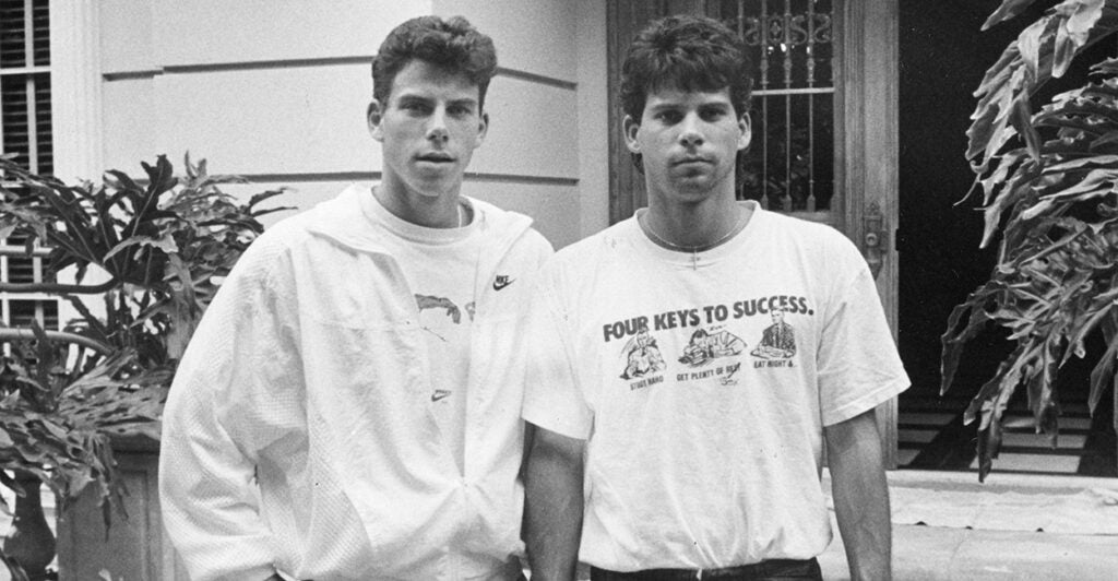 Erik Menendez, left, and is brother Lyle, in front of their Beverly Hills home. They are prime suspects in their parents murder. (Photo: Los Angeles Times/Contributor/ Getty Images)