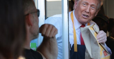 Donald Trump in a tie and McDonald's apron working a McDonald's drive-thru window, handing a bag of food to a customer