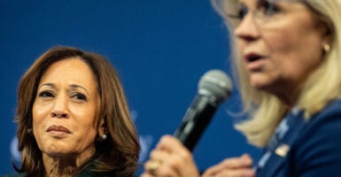 Kamala Harris listens to Liz Cheney