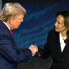 TOPSHOT - US Vice President and Democratic presidential candidate Kamala Harris (R) shakes hands with former US President and Republican presidential candidate Donald Trump during a presidential debate at the National Constitution Center in Philadelphia, Pennsylvania, on September 10, 2024. (Photo by SAUL LOEB / AFP) (Photo by SAUL LOEB/AFP via Getty Images)