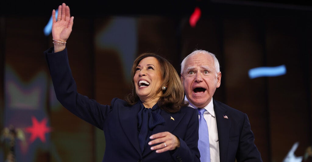 CHICAGO, ILLINOIS - AUGUST 22: Democratic presidential nominee, U.S. Vice President Kamala Harris and Democratic vice presidential nominee Minnesota Gov. Tim Walz celebrate during the final day of the Democratic National Convention at the United Center on August 22, 2024 in Chicago, Illinois. Delegates, politicians, and Democratic Party supporters are gathering in Chicago, as current Vice President Kamala Harris is named her party's presidential nominee. The DNC takes place from August 19-22. (Photo by Justin Sullivan/Getty Images)