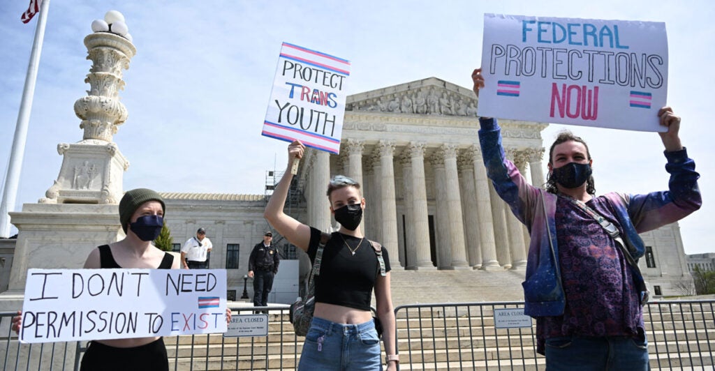 Transgender activists holding up signs for transgender "rights" gather in front of the U.S. Supreme Court