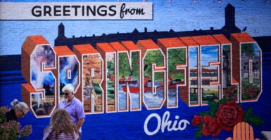 A mural of the name of Springfield, Ohio, painted on a building wall