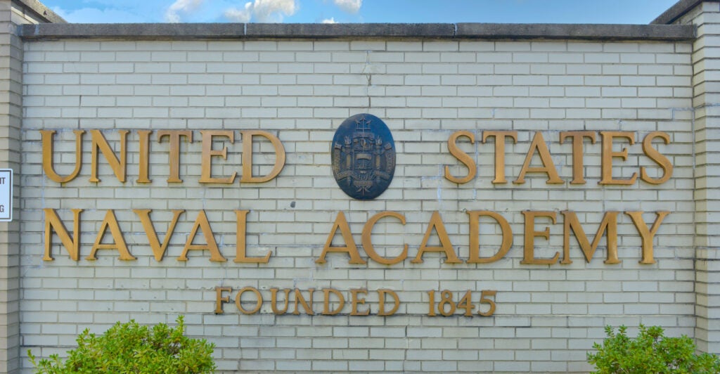 The front gate entrance of the U.S. Naval Academy in Annapolis, Maryland.