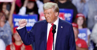 Donald Trump smiles and raises his fist in a blue suit with a red tie