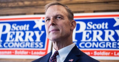 Rep. Scott Perry, R-Pa., conducts a news conference with Speaker of the House Mike Johnson, R-La., after an event in Mechanicsburg, Pa., on Friday, Oct. 11. (Tom Williams/CQ-Roll Call, Inc via Getty Images)