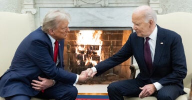 President Joe Biden welcomes President-elect Donald Trump back to the Oval Office on Nov. 13, a week after the election results. (Saul Loeb/AFP via Getty Images)