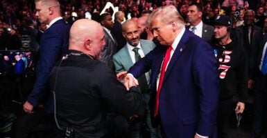 Podcaster Joe Rogan shakes the hand of President-elect Donald Trump at a UFC fight.