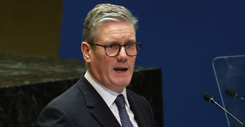 Keir Starmer, British Prime Minister, stands in a suit, and addresses the United Nations General Assembly