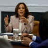 WASHINGTON, DC - APRIL 25: Vice President Kamala Harris hosts a roundtable discussion on criminal justice reform in the Roosevelt Room at the White House on April 25, 2024 in Washington, DC. The meeting included four of the sixteen people who had been convicted of non-violent drug offenses in the past and received clemency from President Joe Biden earlier this week. (Photo by Chip Somodevilla/Getty Images)