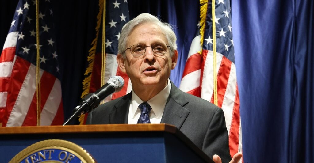 U.S. Attorney General Merrick Garland stands at a podium speaking