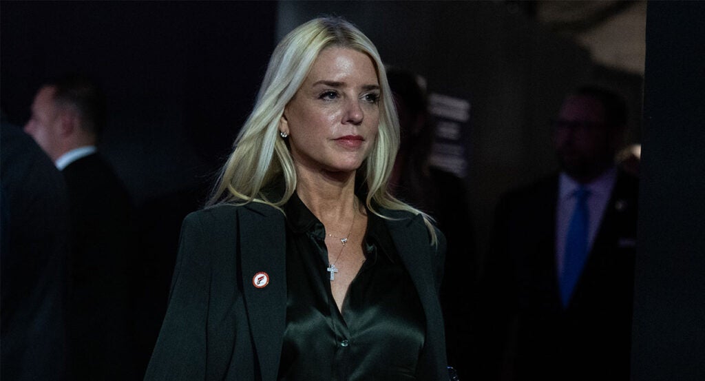 Former Florida state Attorney General Pam Bondi depicted with sci-fi-style glowing eyes as the Left's worst nightmare