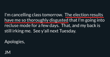 An email from a professor telling his class that class is canceled due to the results of the 2024 presidential election.