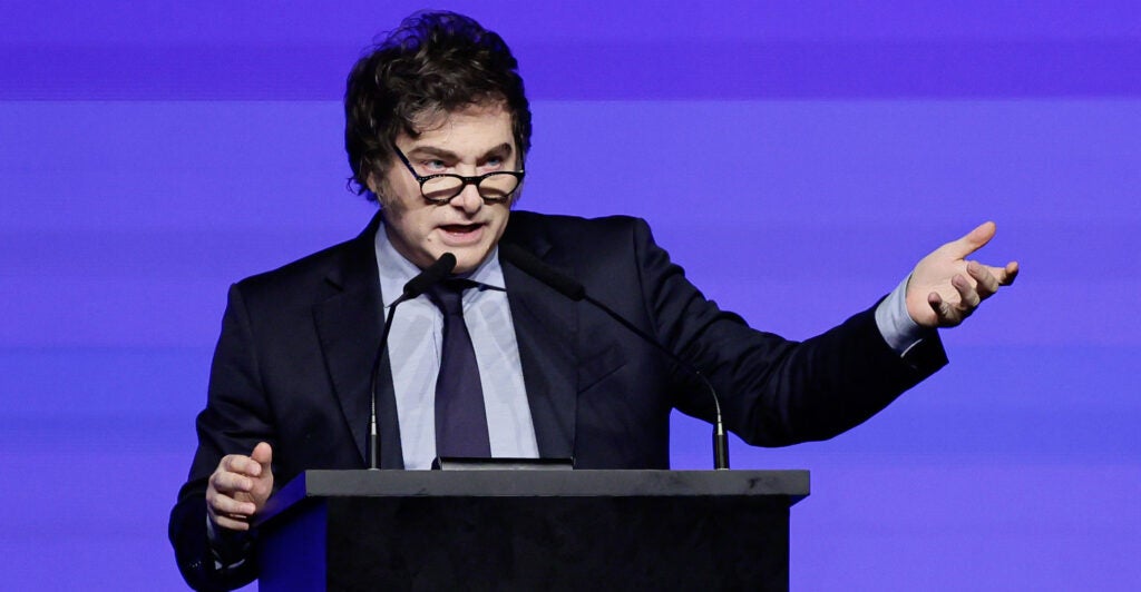 Argentinian President Javier Milei delivers a closing speech at the Conservative Political Action Conference in Buenos Aires, Argentina, on Wednesday.