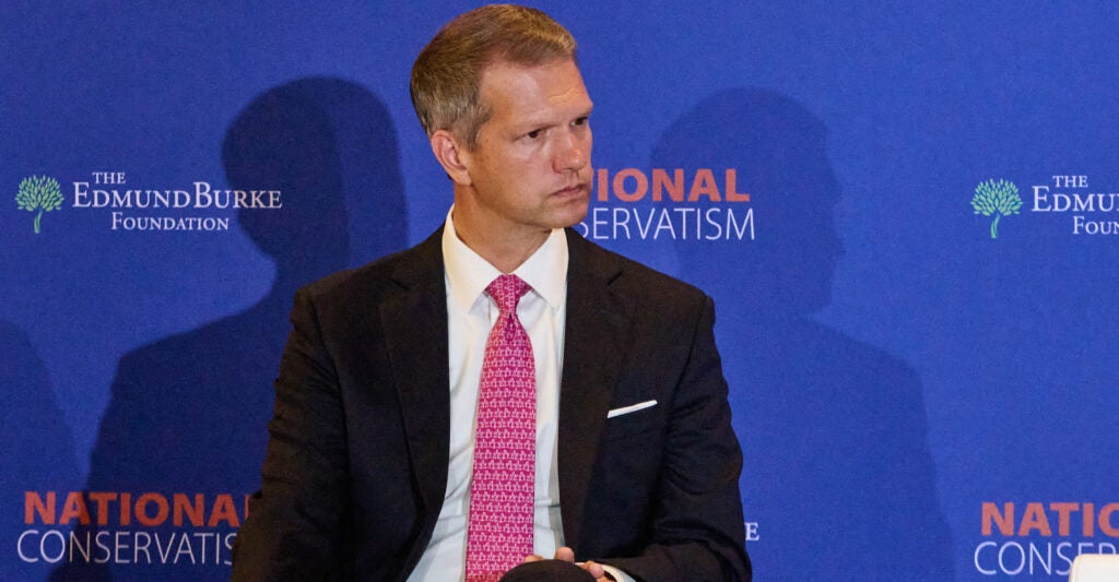 Republican Rep.-elect Riley Moore—at the time West Virginia state treasurer—speaks at the National Conservative Conference in Washington, D.C., on July 9.