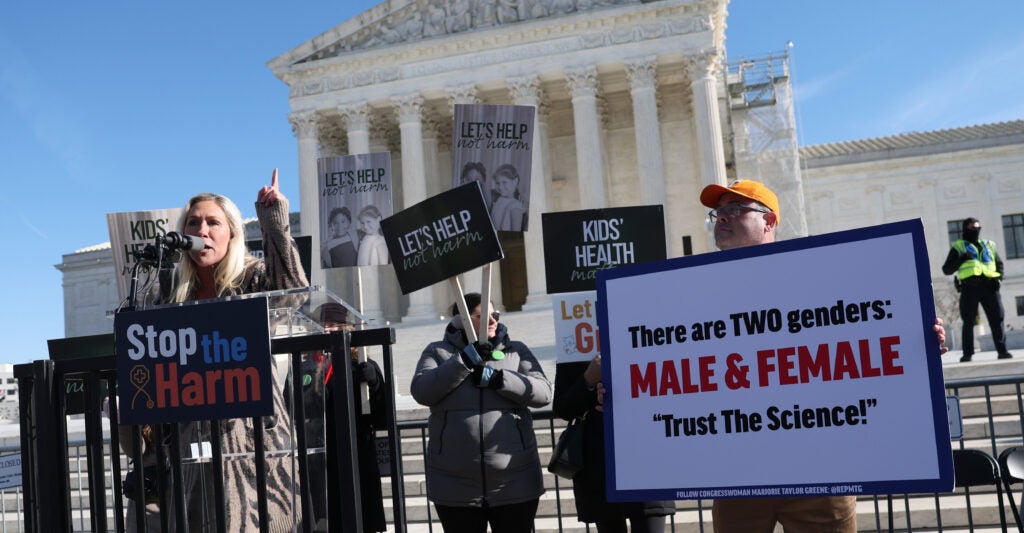 Rep. Marjorie Taylor Greene, R-Ga., speaks Wednesday outside the Supreme Court.