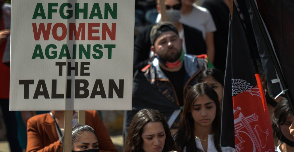 Afghan emigres and others in Edmonton, Alberta, Canada, protest the Taliban's taking over in Afghanistan.